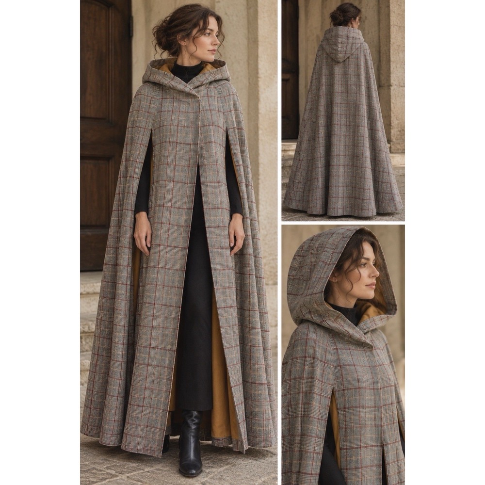 Vintage Hooded Maxi Cape Cloak Glen Plaid Wool Feel Full Length Lined Arm Slits - Picture 9 of 9